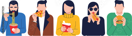 People eating fast food collection with characters enjoying noodles, pizza, dessert, and burgers colorful flat vector illustration set