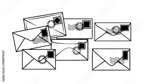 A vector graphic illustration of multiple envelopes with stamps and seals