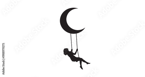 Moon Swinger Silhouette Minimalist black vector graphic illustration depicting a young silhouette girl joyfully swinging on a crescent moon shaped swing set as a whimsical artistic.
