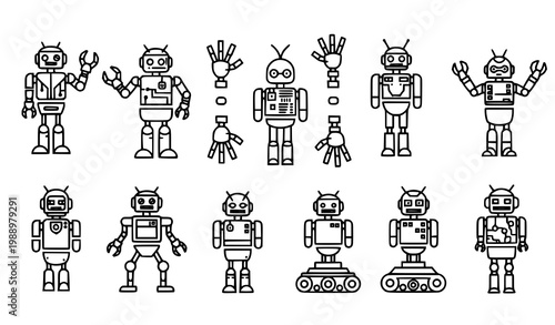 A set of black and white robot illustrations in various poses and designs