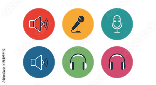 Collection of audio icons including speaker microphone and headphones.