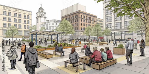 A vibrant urban plaza with people sitting and walking around in a modern city setting