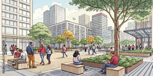 A vibrant city square with people socializing and relaxing in a modern urban setting