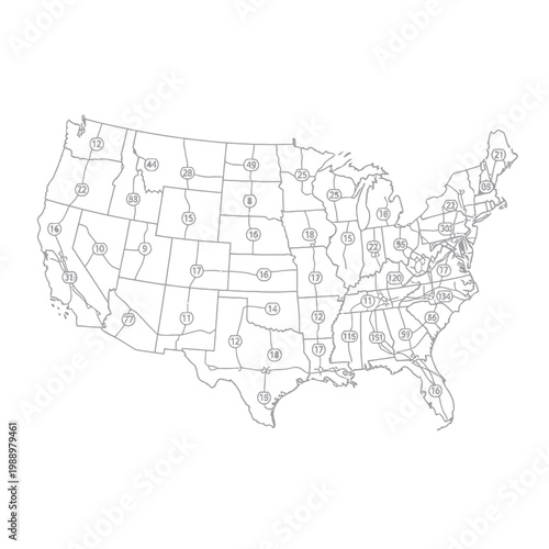 USA Map with State Numbers, Outline, Gray Scale, White Background