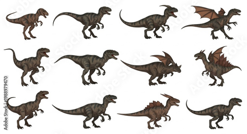 Collection of various dinosaur illustrations on white background.