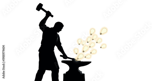 Idea Blacksmith Silhouette vector graphic illustration depicting a stylized silhouette of a determined blacksmith, wielding a hammer over an anvil, forging numerous glowing lightbulbs.