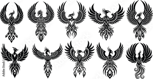 Phoenix bird silhouette collection featuring tribal fire patterns, mythical creatures, and symmetrical winged designs in bold black vector illustration style