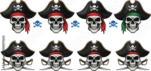 Pirate skull mascot collection featuring captain hats, crossed swords, and bold cartoon skeleton designs for gaming, emblem, and vector illustration