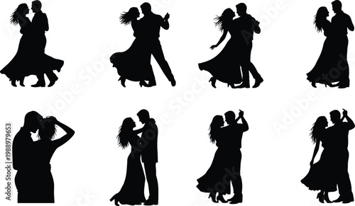 Romantic dancing couple silhouettes set, elegant love poses collection, wedding dance partners, hugging kissing pairs, black isolated figures, romance relationship concept, stylish illustration