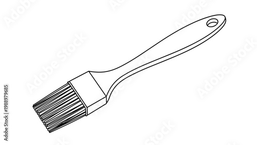 Detailed line art drawing of a pastry brush with bristles and a handle, a common kitchen tool for baking and cooking applications.