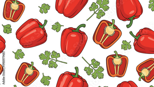 Seamless pattern of vibrant red bell peppers, whole and sliced, interspersed with fresh green cilantro leaves, creating a colorful culinary background.