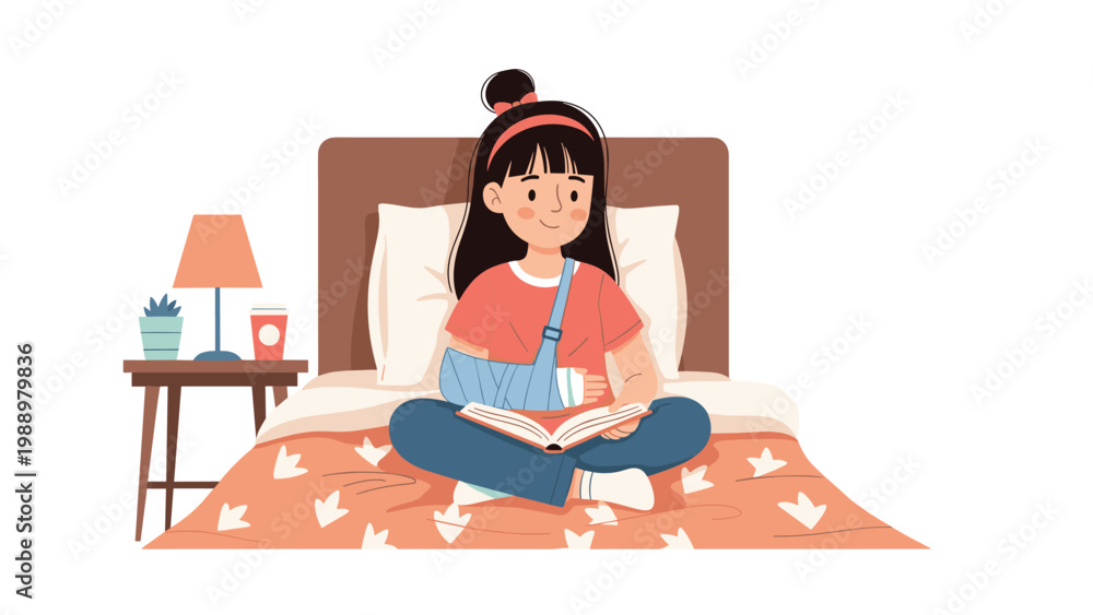 Fototapeta premium Cozy illustration of a young girl with an arm in a cast, comfortably reading a book in bed with a nightstand lamp and plant nearby, depicting recovery and relaxation.