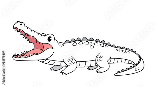 Playful cartoon illustration of an alligator or crocodile with a wide-open mouth displaying sharp teeth and a pink tongue, depicting a friendly, stylized creature.