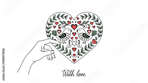 Elegant illustration of a gentle hand reaching towards a heart-shaped floral design adorned with two small birds, accompanied by "With love" script, symbolizing affection and care.
