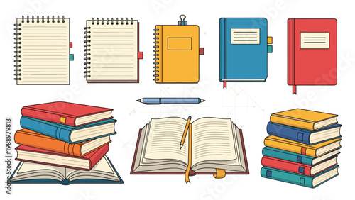 Comprehensive collection of various stationery items, including spiral notebooks, hardcover books, an open book, and pens, representing education, work, and creativity.