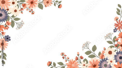 Beautiful floral border design featuring corners adorned with an arrangement of delicate pastel-colored flowers and green leaves, creating a soft and inviting frame.