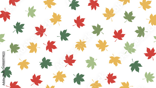 Cheerful seamless pattern featuring scattered, colorful maple leaves in shades of red, green, and yellow, capturing the essence of the autumn season.