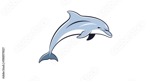 Playful cartoon illustration of a friendly dolphin gracefully jumping out of the water, showcasing its sleek blue and white body and joyful movement.