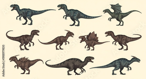 Collection of diverse dinosaur illustrations in various poses.