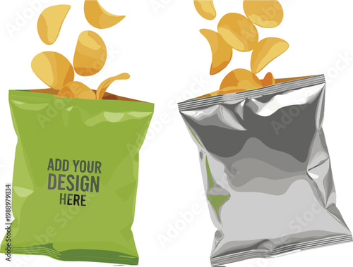 Potato chips packaging mockup with flying crispy chips, blank snack bag template for branding design, realistic foil and plastic pack vector illustration