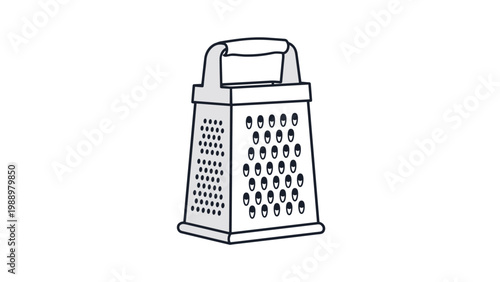 Simple line art drawing of a four-sided box grater, highlighting its various grating surfaces, a common kitchen utensil for food preparation.