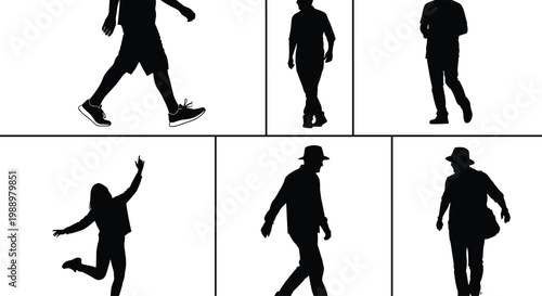 Walking people silhouettes set, casual men and woman motion poses, urban lifestyle activity collection, isolated black figures, everyday movement concept, people illustration design