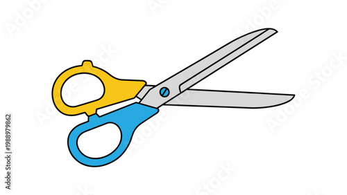 Simple, colorful illustration of a pair of open scissors with yellow and blue handles, depicting a versatile tool for various cutting tasks.