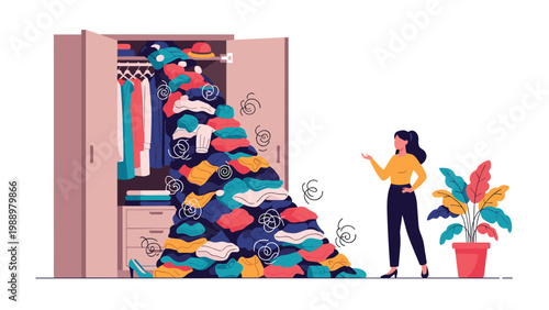 Humorous illustration of a woman looking frustrated at an overflowing closet with a massive pile of clothes spilling out, depicting clutter and disorganization.