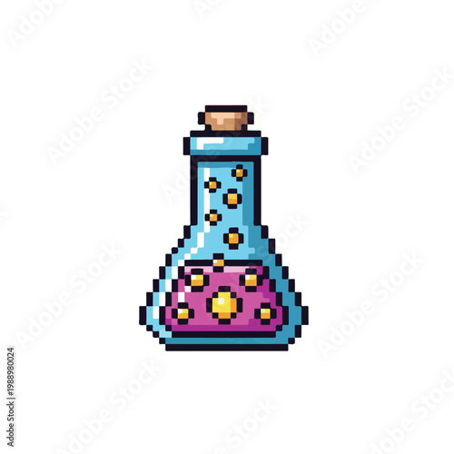 A detailed pixel art illustration of a blue glass potion bottle containing a bubbly pink liquid and sealed with a simple brown wooden cork.