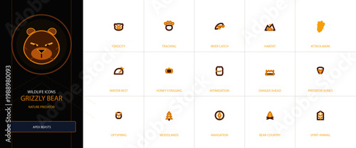 Grizzly Bear Wildlife Icons Collection Nature Predator Symbols for Forest Animals