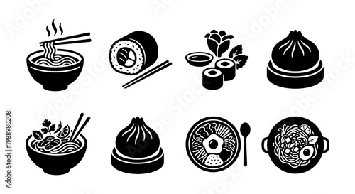 Japanese Sushi and Ramen Icons, Asian Food Vector Set, Black Cuisine Symbols for Menu
