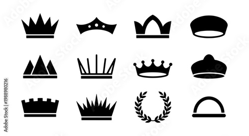 Royal crown icons set, black king and queen tiara silhouettes, 12 vector elements