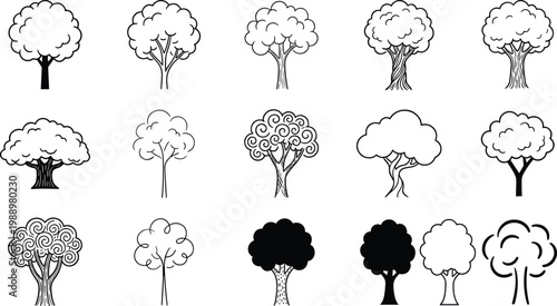 Tree Icon Set Featuring Various Tree Designs with Different Canopy Shapes and Trunk Styles for Nature, Environment, and Forest Themed Designs in Black and White