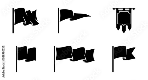 Black flag silhouette icons, waving pennant set, 6 medieval banner vector elements