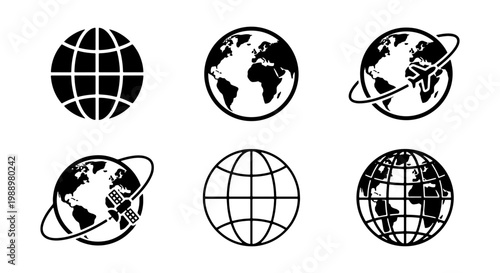 Global world map icons, 6 earth globe vector set, travel and logistics planet symbols
