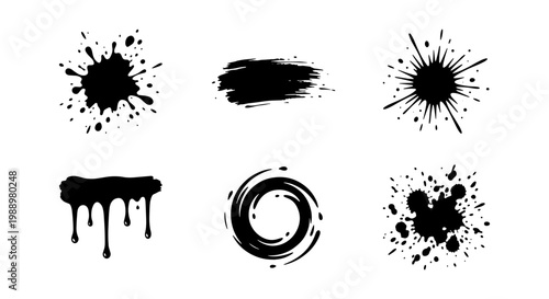 Grunge black ink splatters, 6 paint splash vector elements, dripping liquid stains