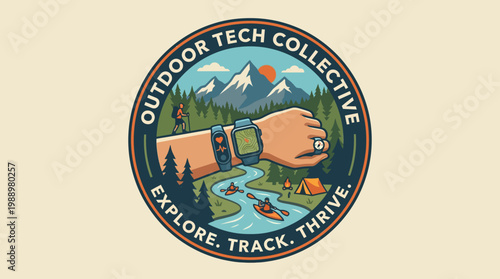 Outdoor Tech Collective: A graphic illustration showcasing an outdoor theme, featuring a wrist with a smartwatch, a mountain range, trees, and kayakers on a river.