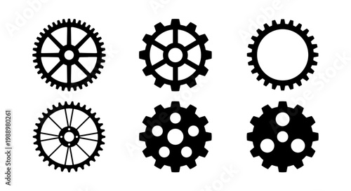 Industrial gear icons set, black mechanical cogwheel vectors, 6 engine gear symbols
