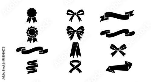 Black ribbon silhouettes, decorative bow icons, award medal set, 11 vector elements