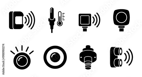 Smart sensor icons set, industrial security detector symbols, 8 black vector glyphs