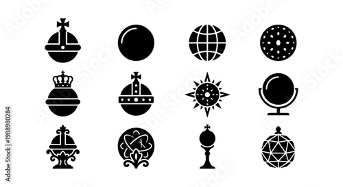 Royal orb icons set, 12 black sphere vector elements, monarch regalia symbols for UI