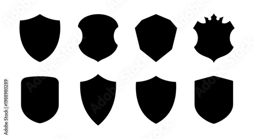 Heraldic shield silhouettes, 8 security crest icons, black badge vector set for logos