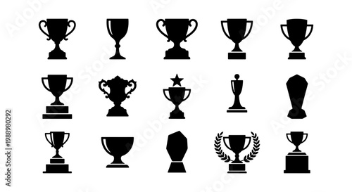 Trophy cup silhouette icons, 15 championship award symbols, winner prize vector set