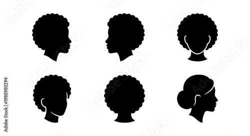 African woman silhouette set, black female head profile icons, 6 vector afro hairstyles