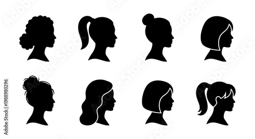 Woman profile silhouette set, 8 female head icons, diverse hairstyles vector collection