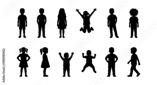 Children silhouettes set, 12 kids jumping and standing, black child vector icons