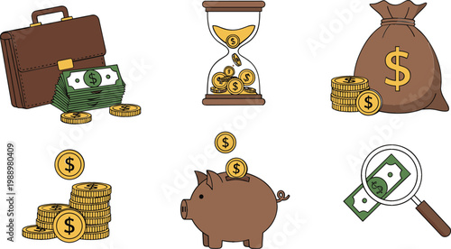 Savings and finance icons set with money bag, piggy bank, coins, hourglass and magnifying glass, personal budgeting and investment concept vector illustration