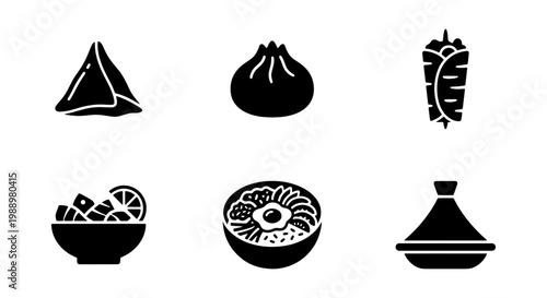 Global street food icons set, ethnic cuisine symbols, 6 black vector food illustrations