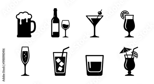 Alcoholic drink icons, 8 black cocktail and beer vector symbols, bar menu beverage set