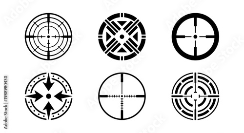 Futuristic crosshair icons set, 6 tactical target vectors, black sniper aim reticles